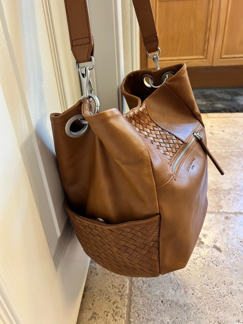 Liebeskind Brown / Nutmeg Leather Shoulder Bag with Woven Leather Accents